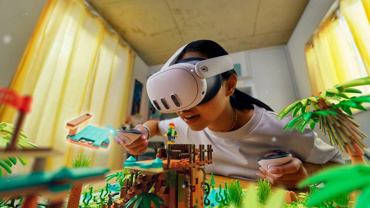 A person wearing the Meta Quest 3 mixed-reality headset